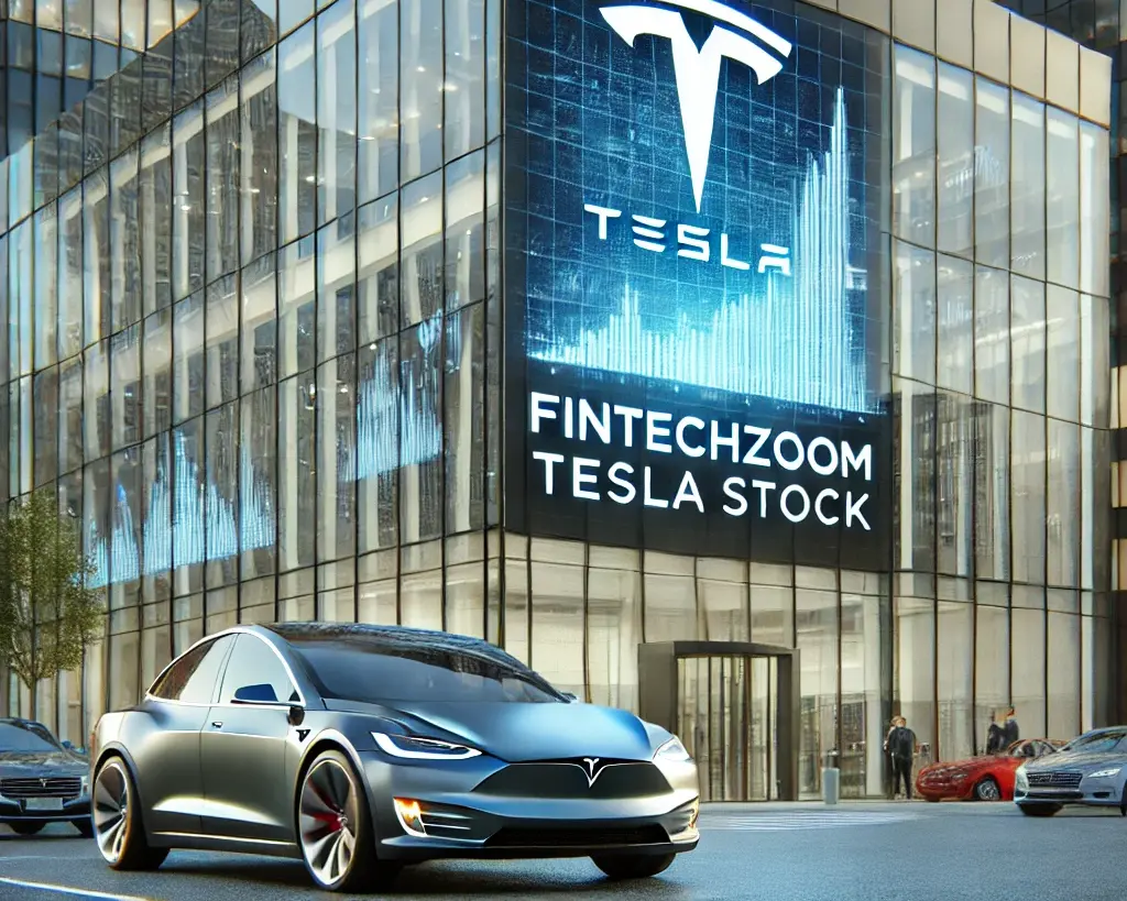 tesla car in front of fintechzoom stock analysis board