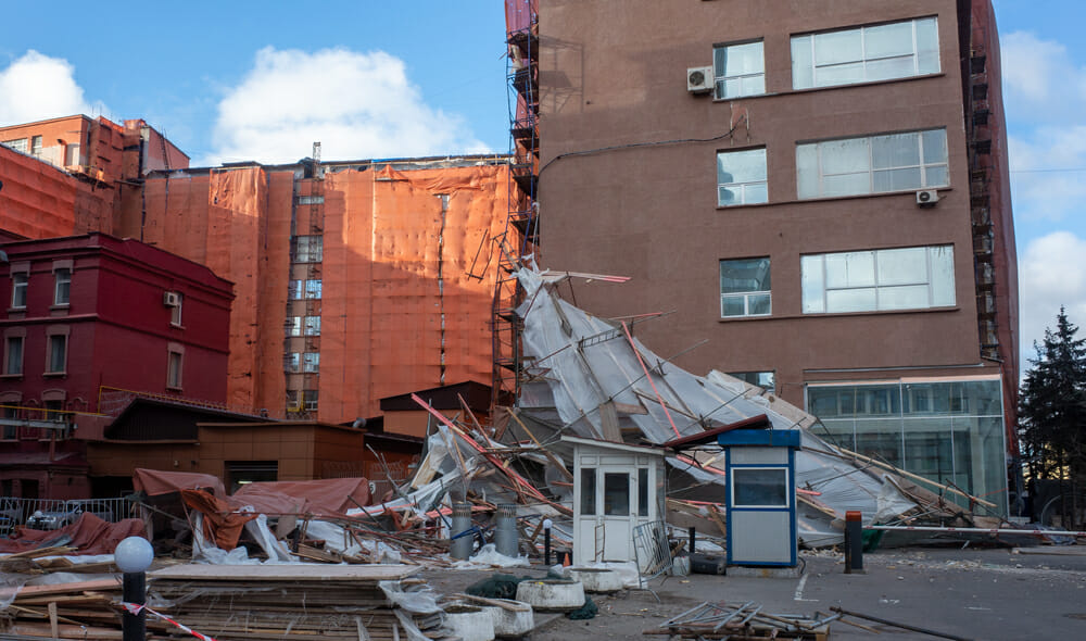 Scaffolding,Collapsed,From,A,Strong,Wind,Near,A,Reconstructed,Multi-storey